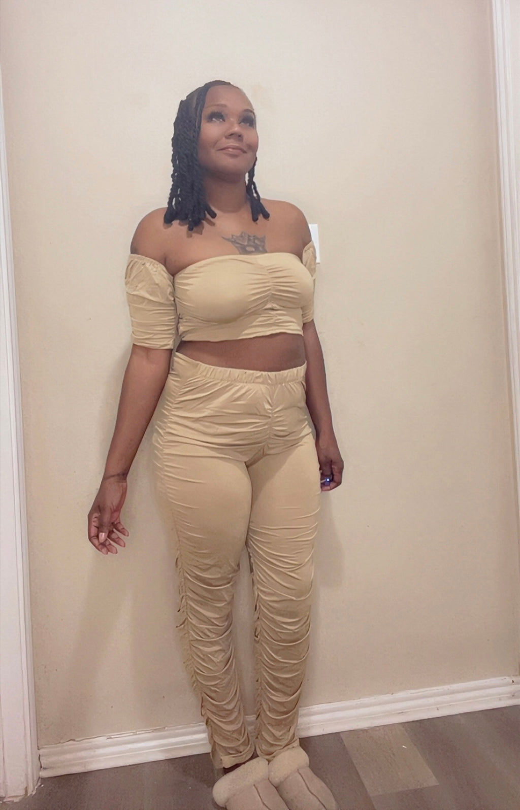 Off Shoulder Cropped Stacked Pants Sets