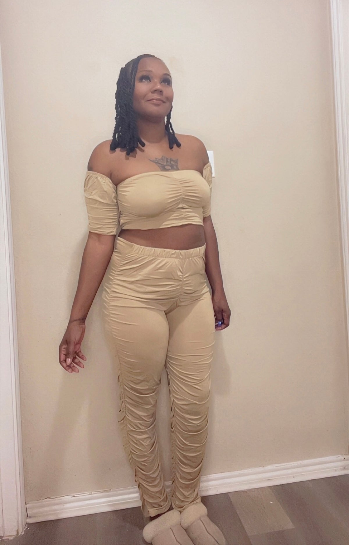 Off Shoulder Cropped Stacked Pants Sets