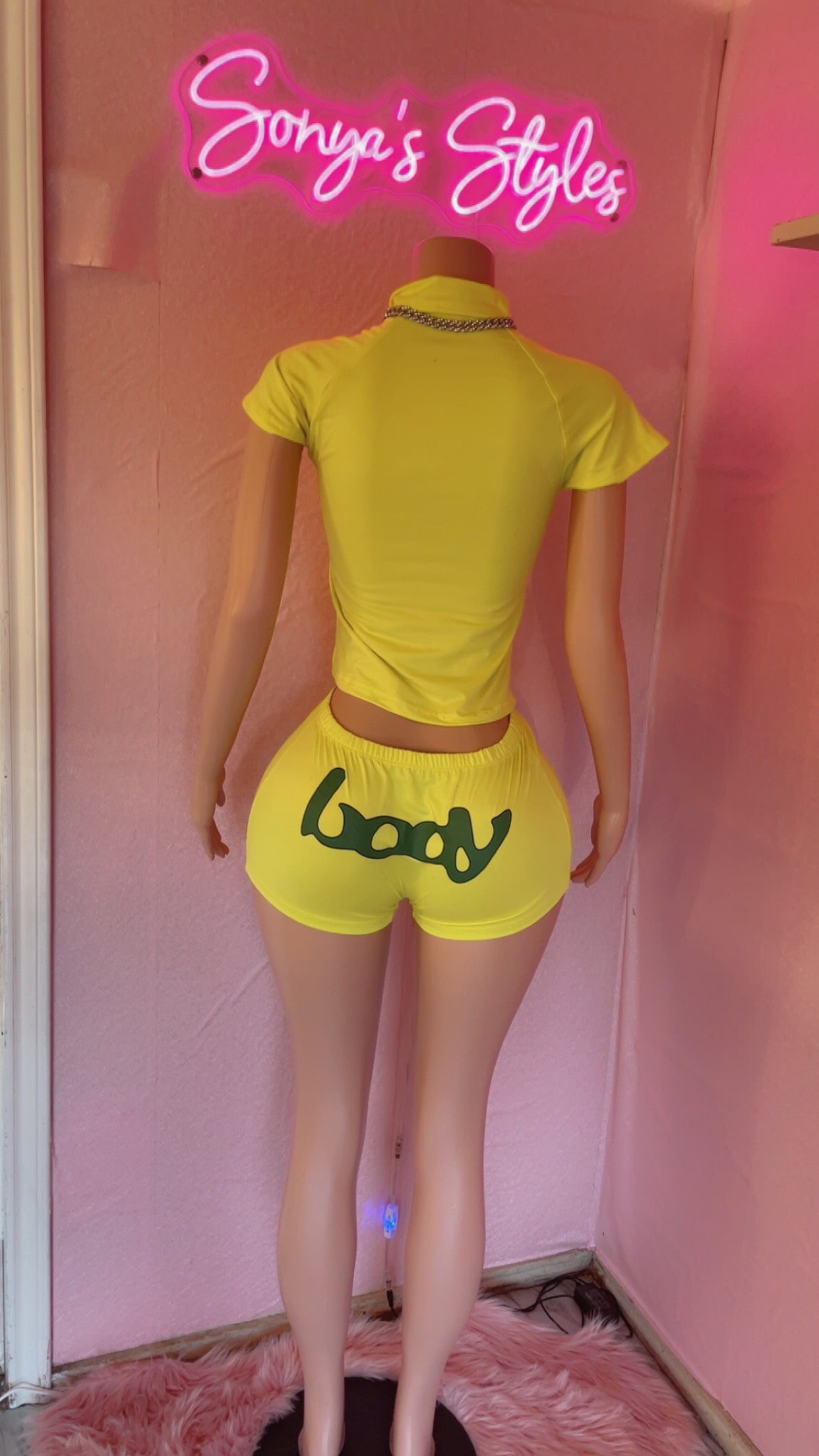 Some Body Solid Yellow Short Set + Green Letters